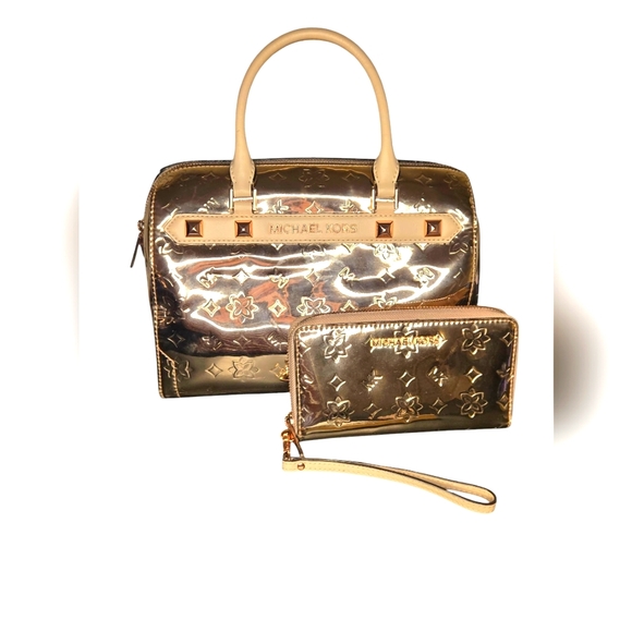 Michael Kors Handbags - 11x8x5.Michael Kors Gold Satchel Bag & wristlet. New shoulder strap.